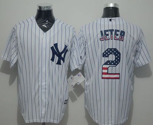 Yankees #2 Derek Jeter White Strip USA Flag Fashion Stitched MLB Jersey - Click Image to Close
